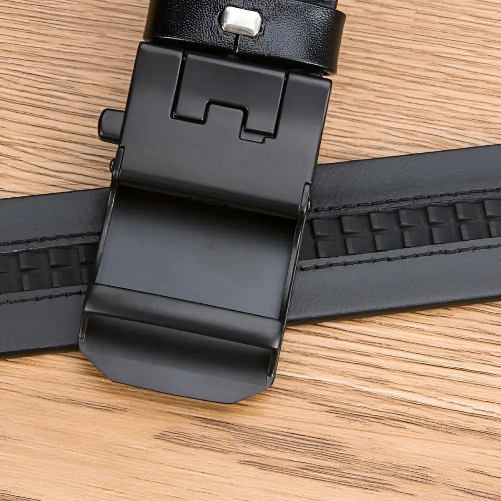 Black full-grain leather ratchet belt with a metal buckle for men and women