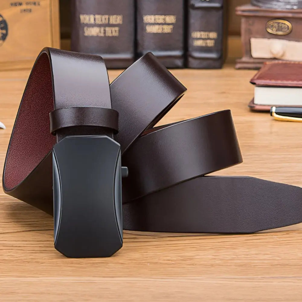 Brown leather belt with black buckle made from durable full-grain leather for style