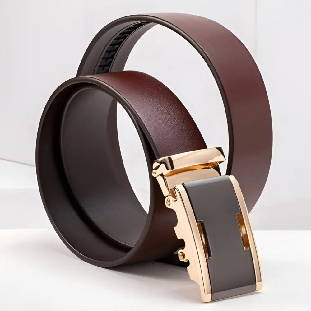 Full-grain leather belt with gold and gray buckle for men’s formal wear