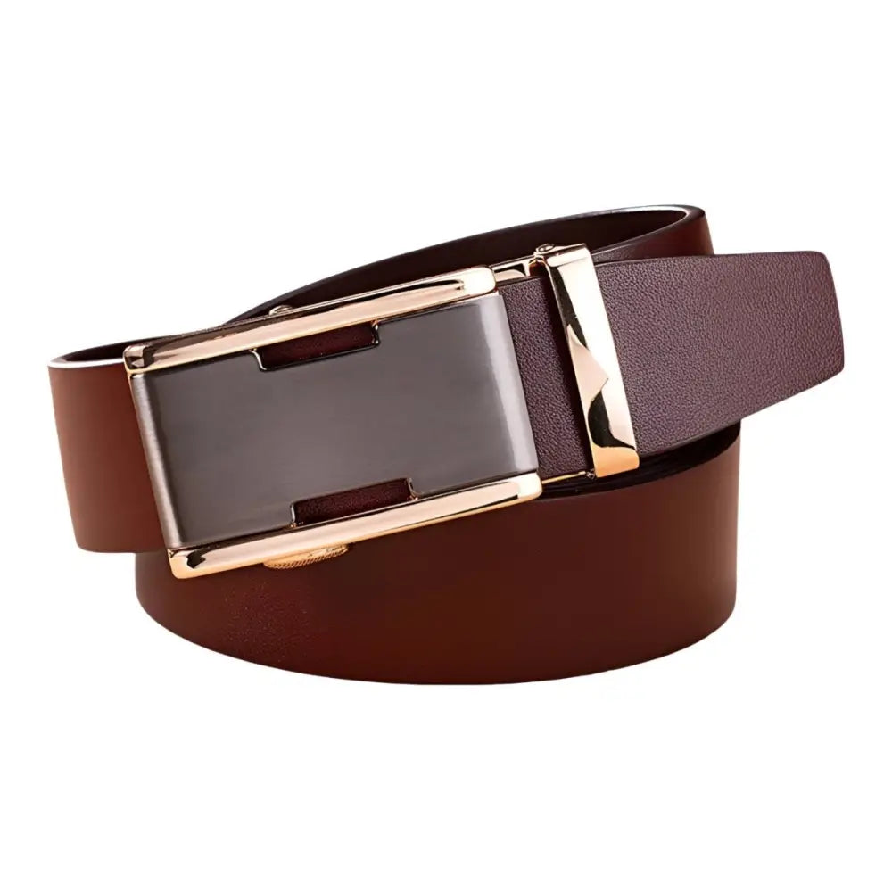 Full-grain leather belt with gold and gray buckle for men or women