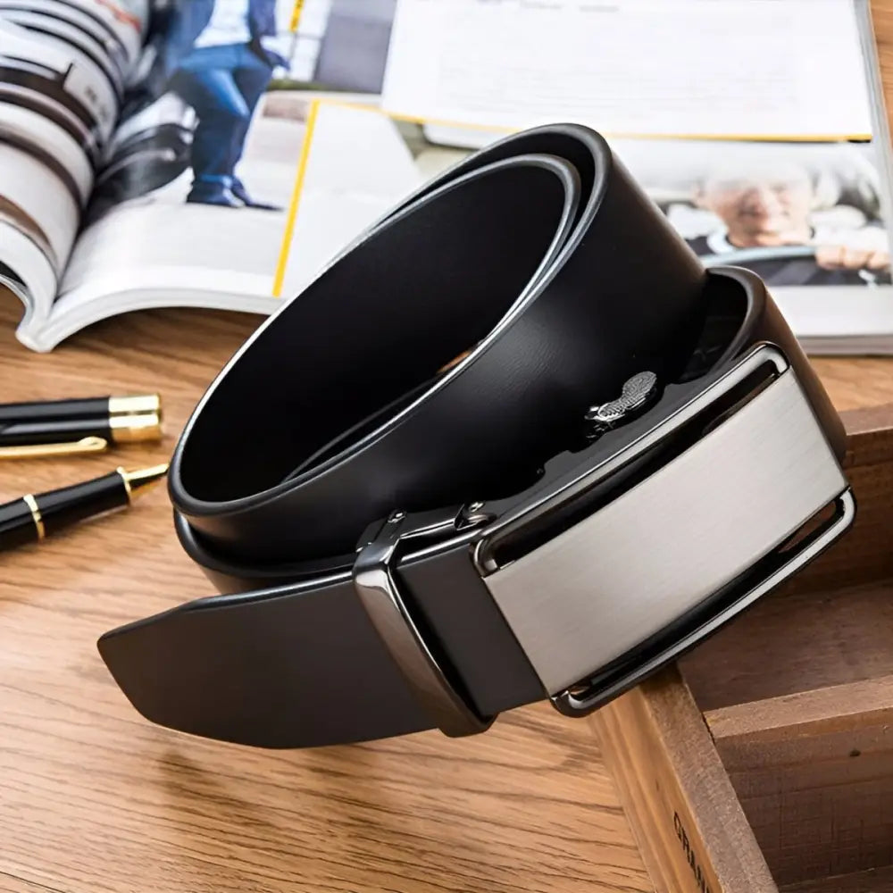 Black Grain Leather Belt with Silver Buckle for Men, premium leather accessory