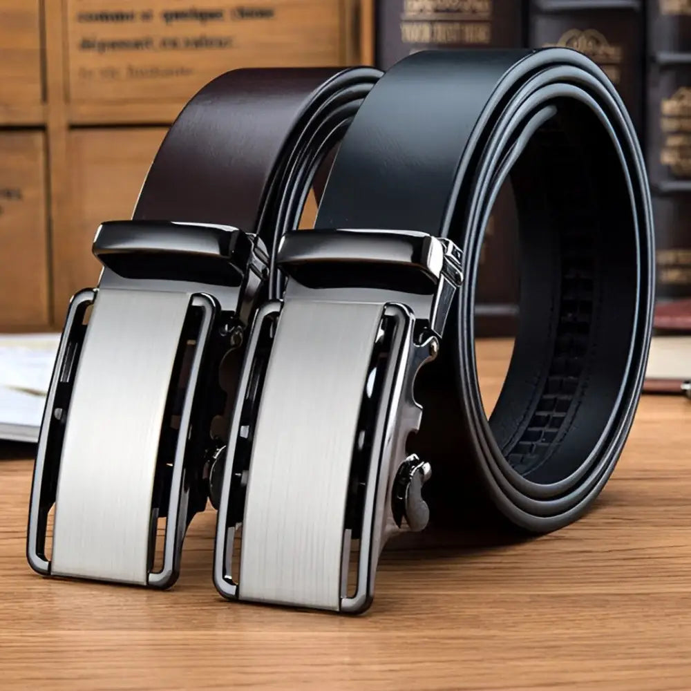 Black Grain Leather Belt with Silver Buckle for Men showing two leather ratchet belts