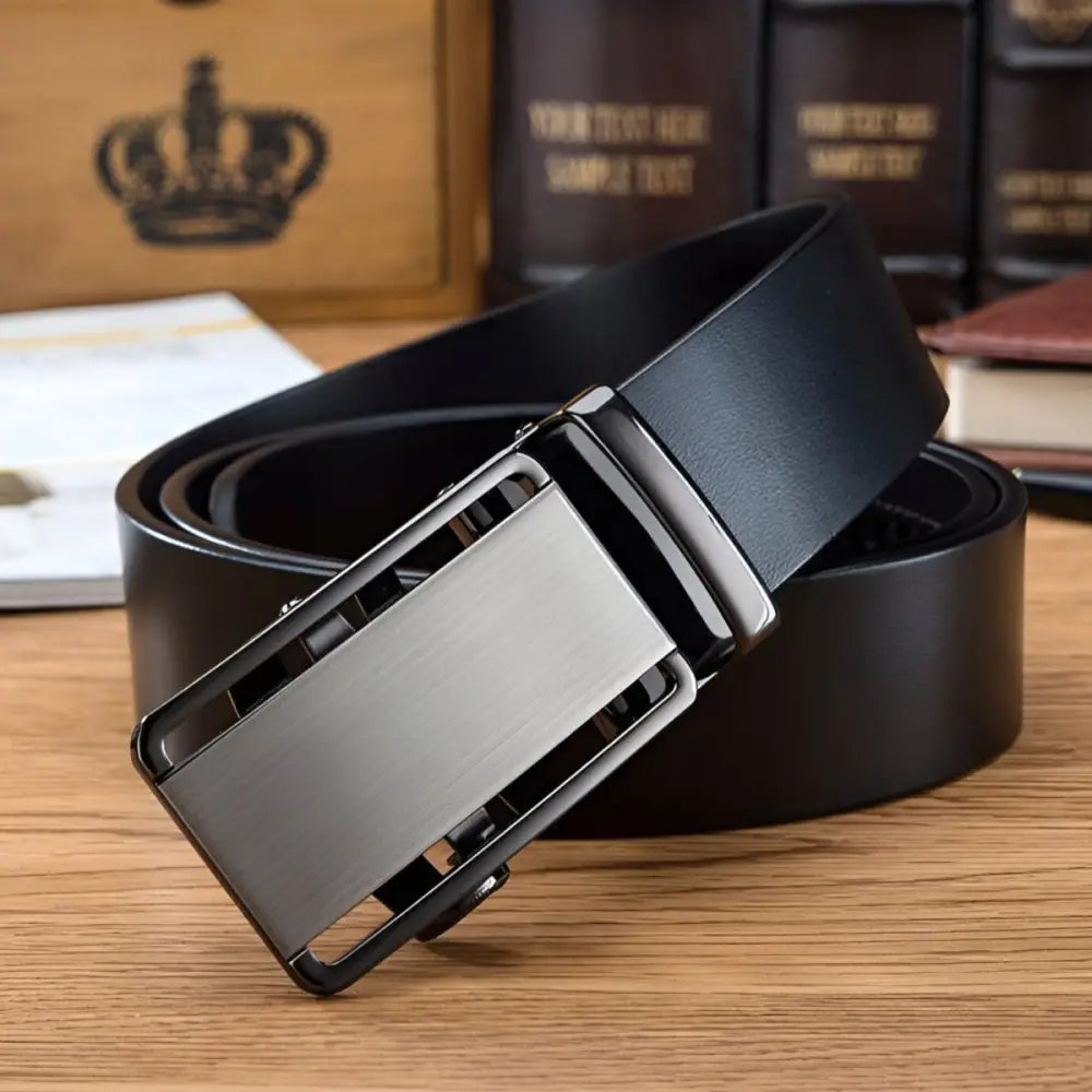 Black grain leather belt with a silver buckle for men product image
