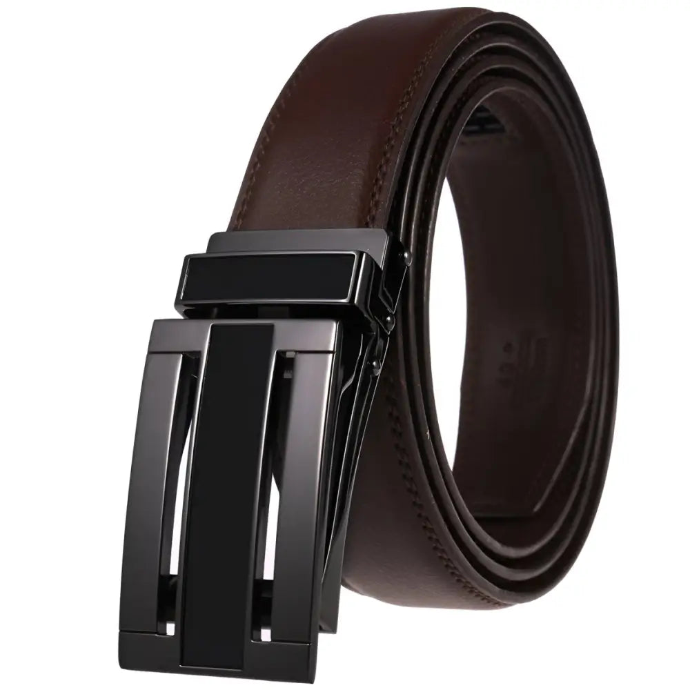 Brown leather belt with black buckle for men’s fashion and formal wear