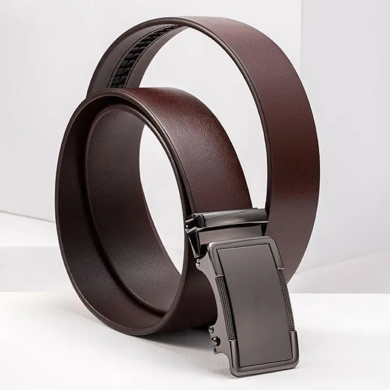 Brown leather ratchet belt with boucle automatique, model Valentino, and metal buckle