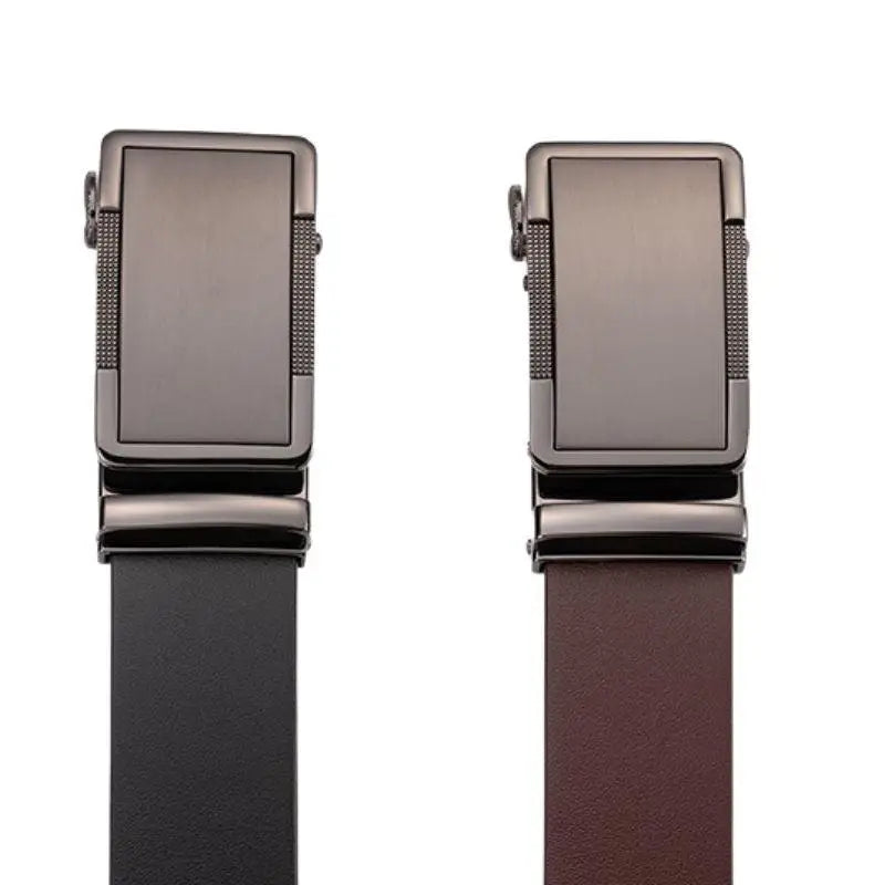 Two leather ratchet belts with boucle automatique and metal buckles for style and durability