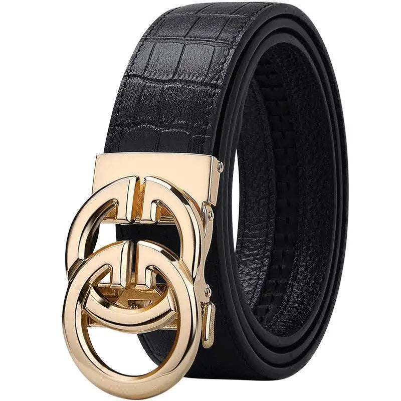 Black leather belt featuring a gold double-circle interlocking buckle
