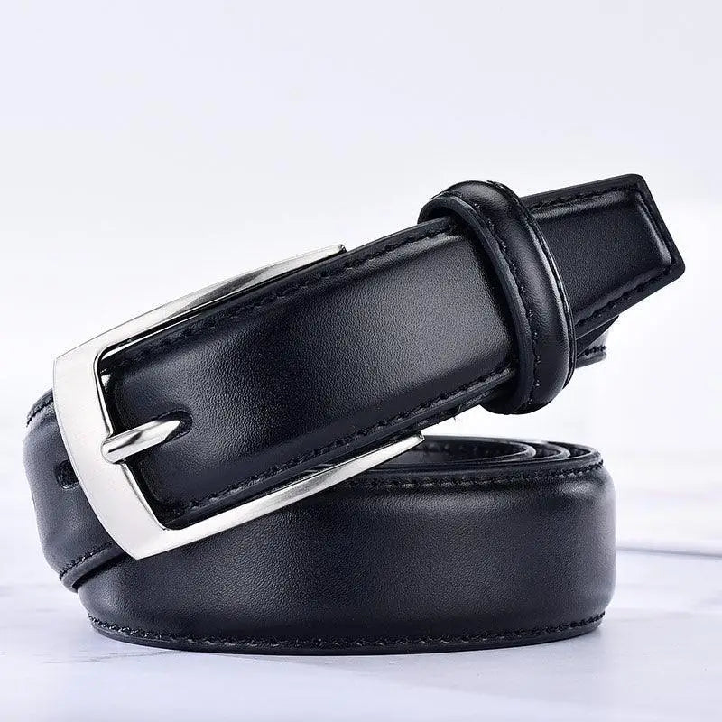 Black leather belt with a sleek silver buckle from Leather Belts with Silver Buckles in Black