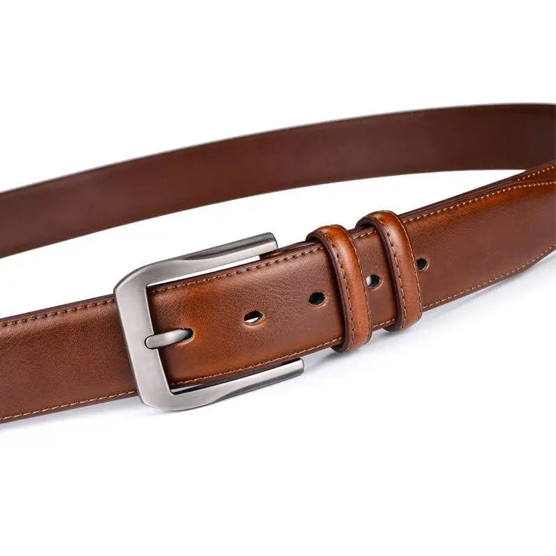 Brown leather belt with a silver buckle displayed on the product named Brown Leather Belt with Silver Buckle