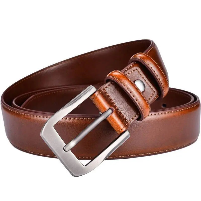 Brown leather belt featuring a polished silver buckle suitable for formal and casual wear