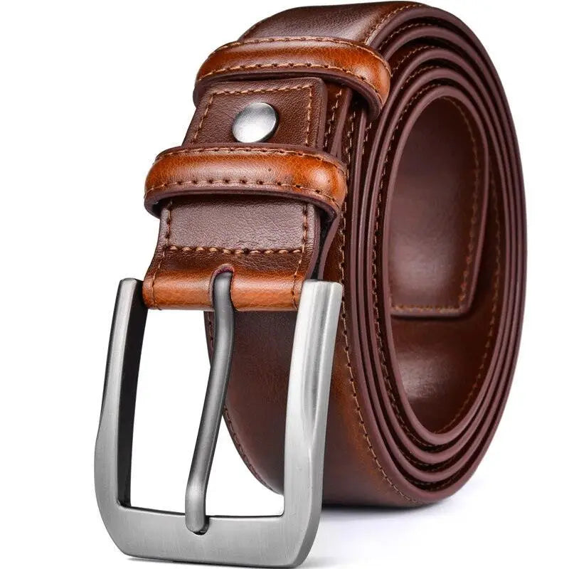 Brown leather belt with a silver buckle displayed for sale