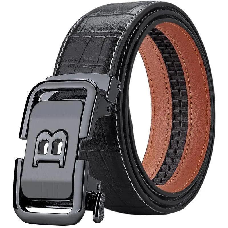 Black leather men’s dress belt with B buckle, part of Balz Men’s Dress collection