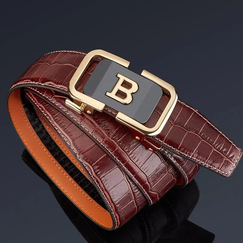 Brown crocodile-patterned leather men’s dress belt with gold Buckle for Balz Men’s dress collection