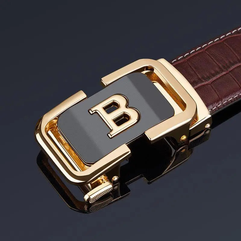 Brown leather Balz Men’s Dress Belt with gold B buckle, ideal men’s dress accessory