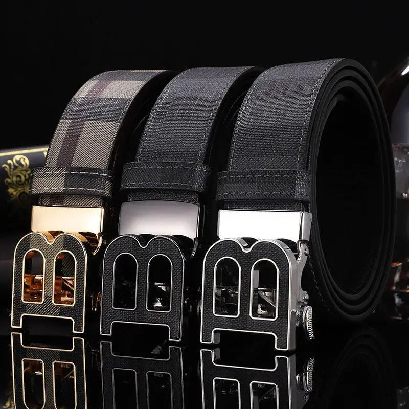 Elegant suit belt en cuir pour homme with B-shaped buckle in black or plaid patterns