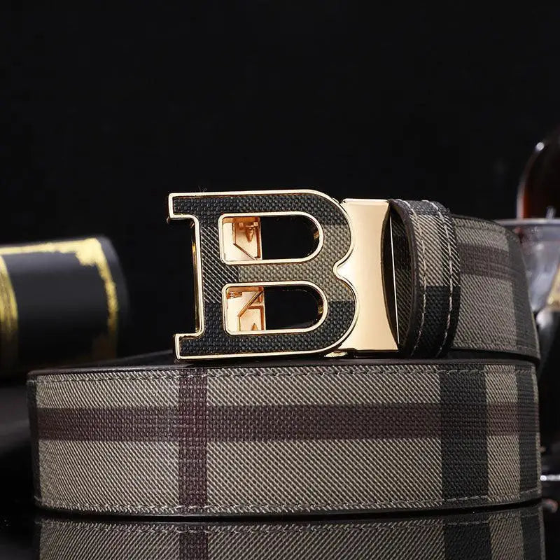 Plaid belt with gold B buckle, elegant suit belt en cuir pour homme in black or plaid