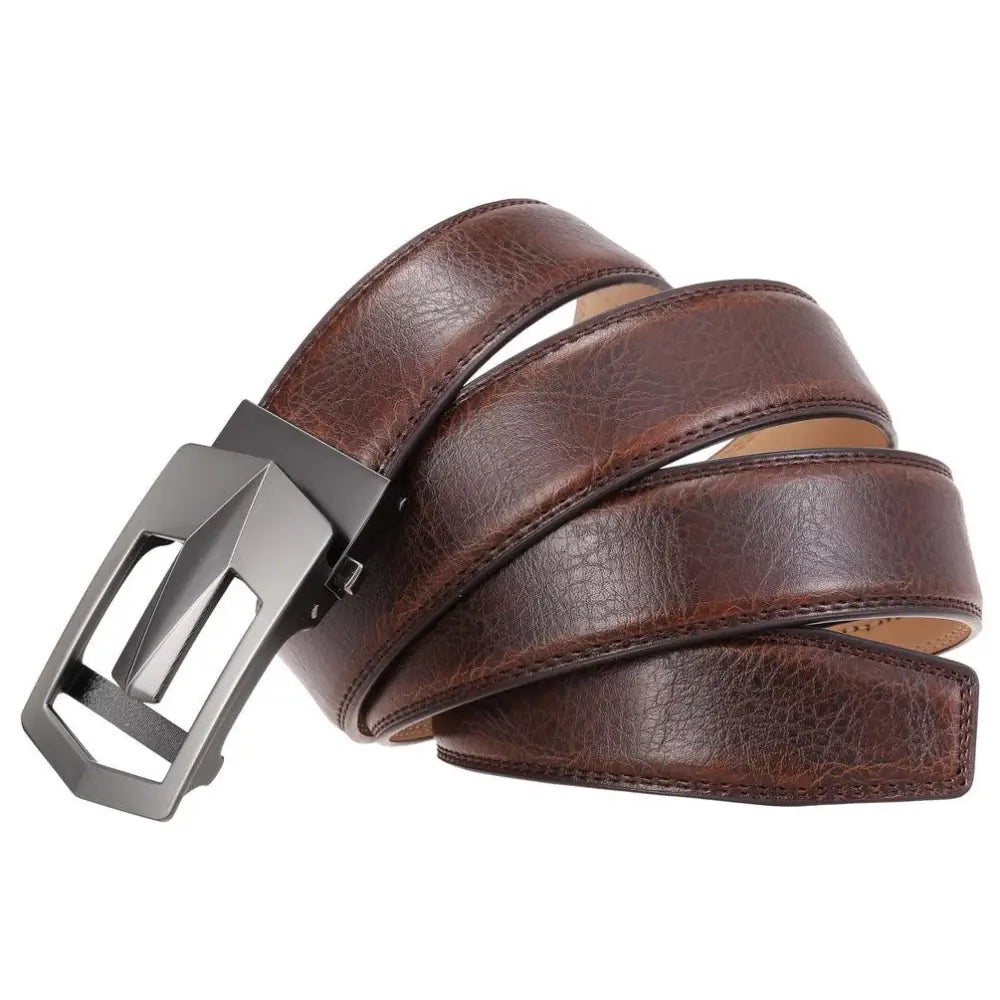 Brown leather belt with gray silver buckle for versatile men’s accessory