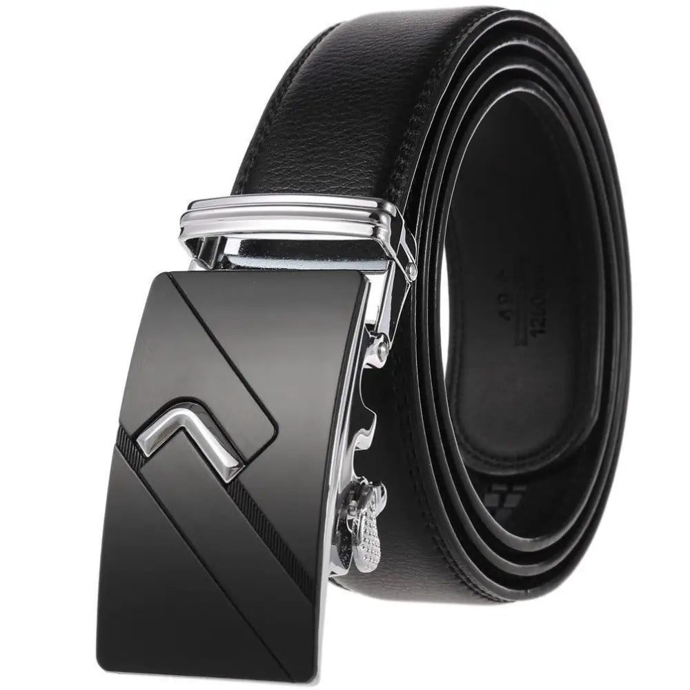 Black leather ratchet belt from Carles Leather Belt Collection with gold and silver buckles