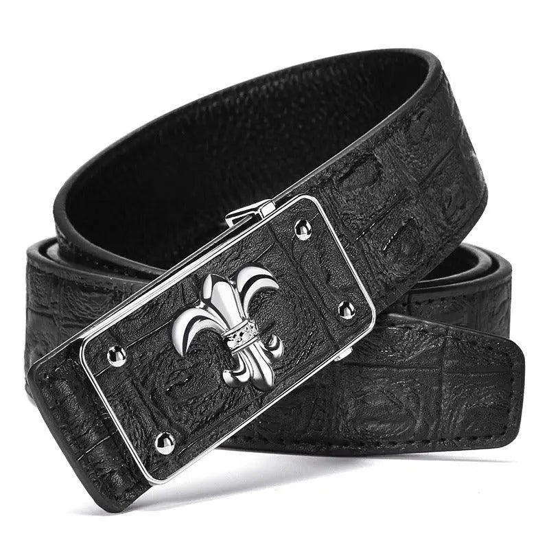 Black leather suit belt with fleur-de-lis buckle, Cornelio suit belt en cuir