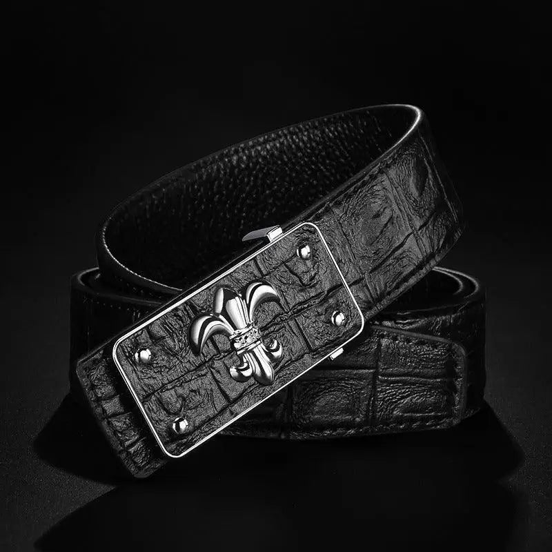 Black crocodile-patterned Cornelio suit belt en cuir with fleur-de-lis buckle for elegant style