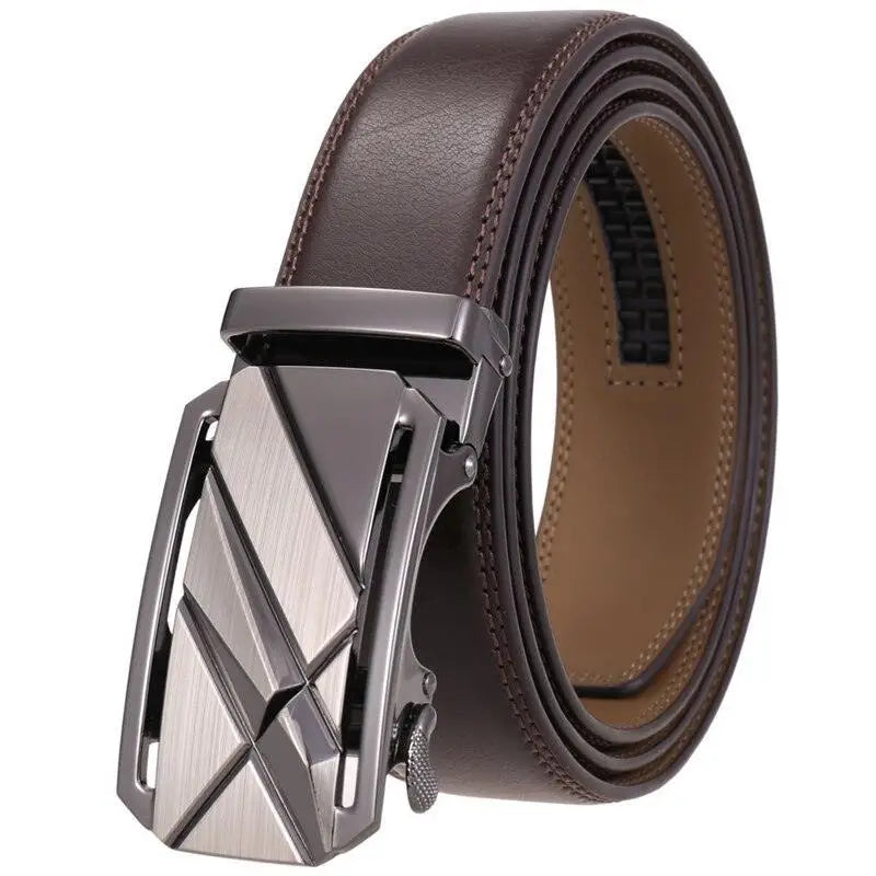Leather belt in brown leather with a modern geometric silver buckle design