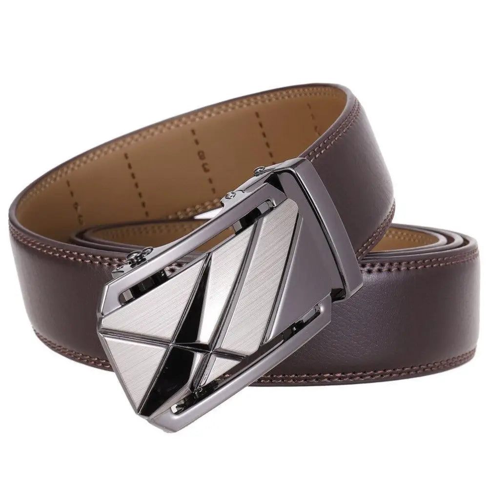 Leather belt featuring a modern geometric silver buckle for stylish fashion accessories