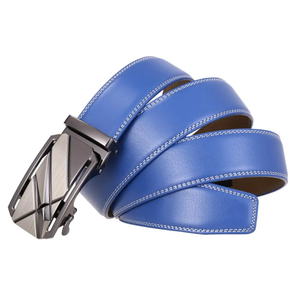 Blue leather belt with silver buckle from Brown Leather Belt with Modern Geometric collection