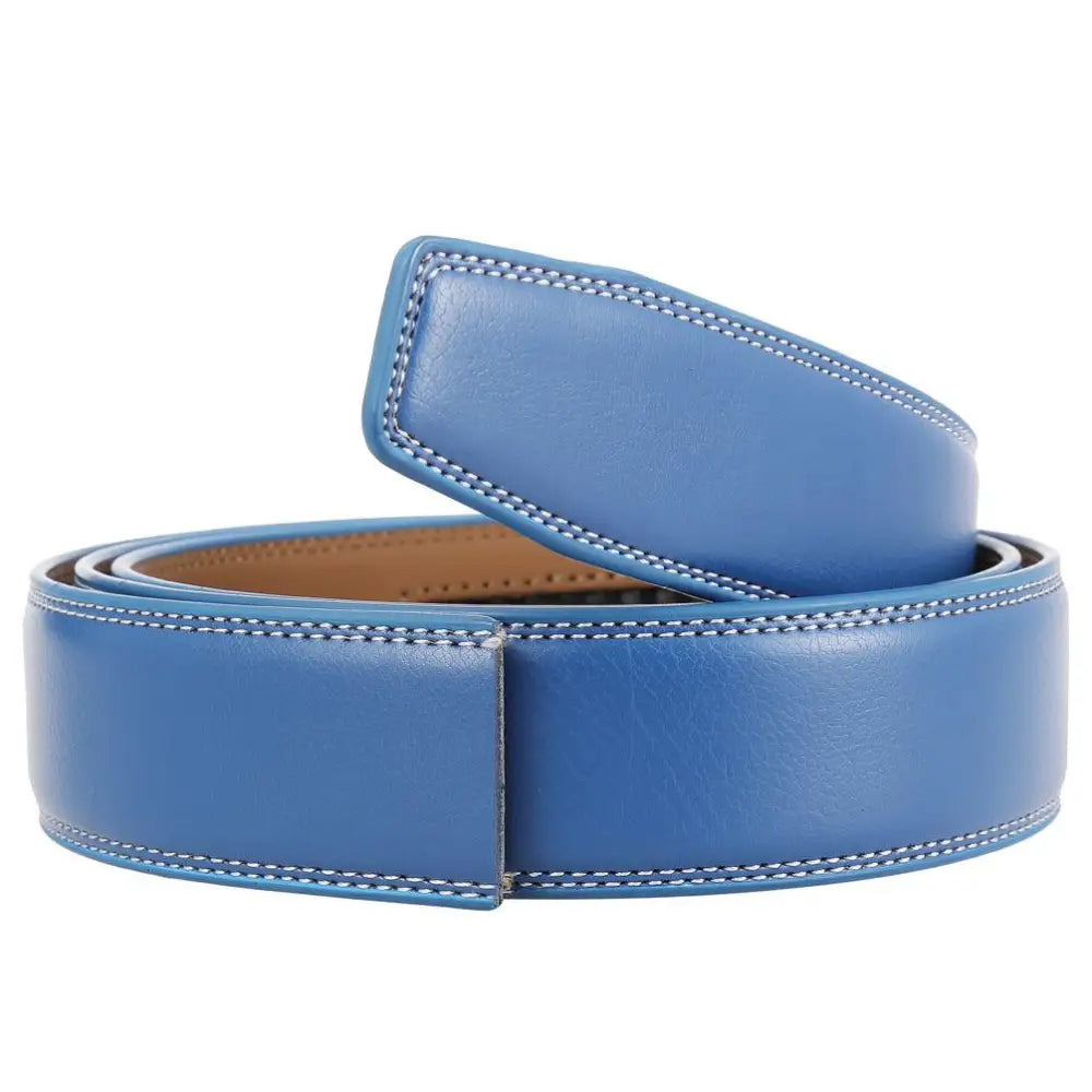 Blue leather belt with white stitching and modern silver buckle for stylish attire
