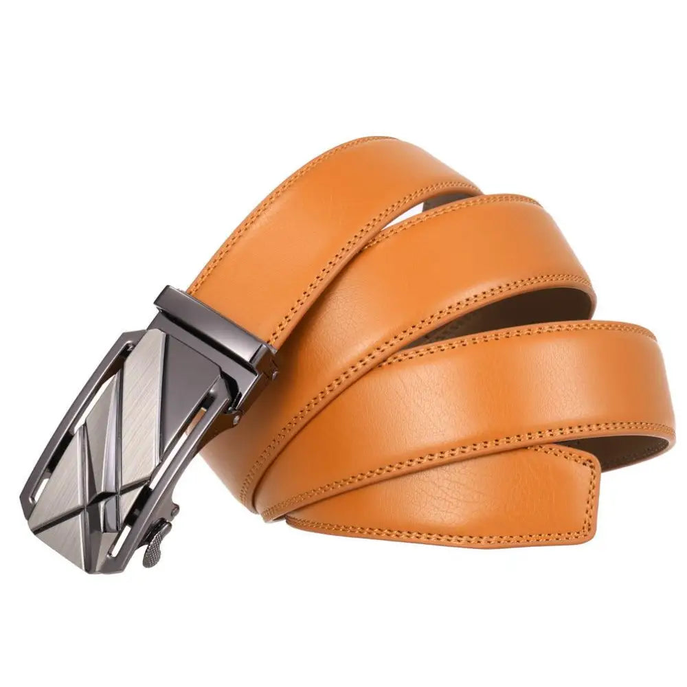 Tan leather belt with modern geometric design and silver buckle for stylish wear