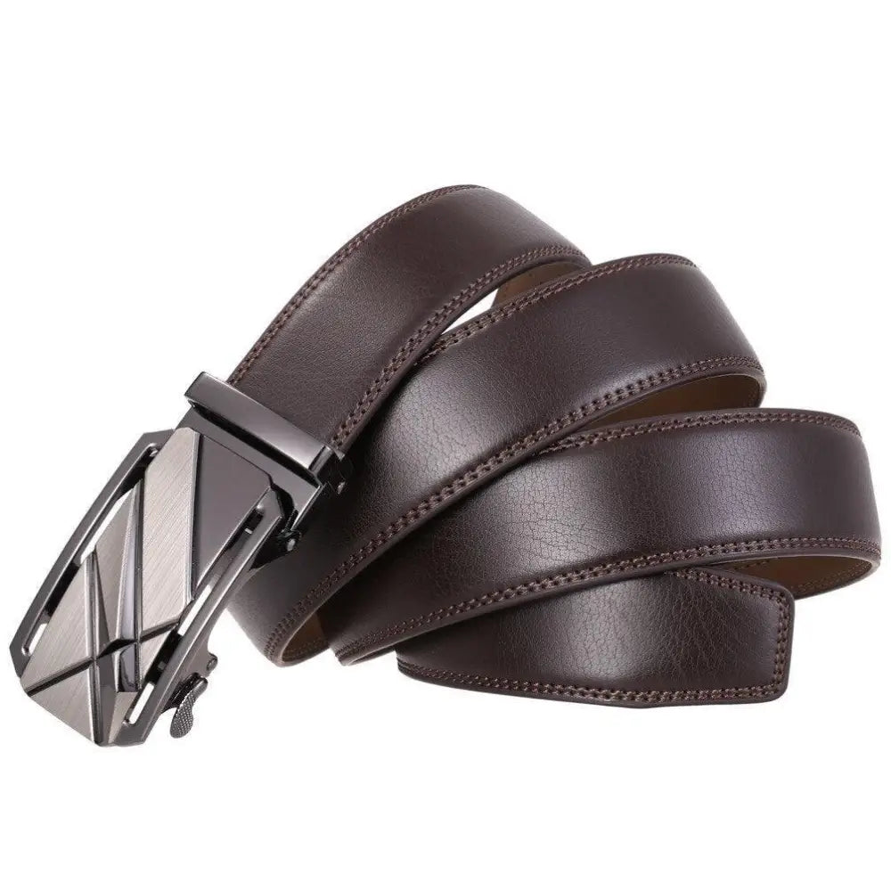 Brown leather belt with modern geometric design and silver buckle for stylish wear