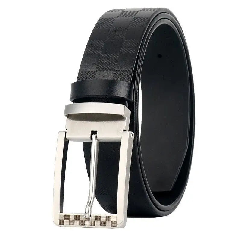 Reversible suit belt with checkered black leather and silver buckle for formal wear