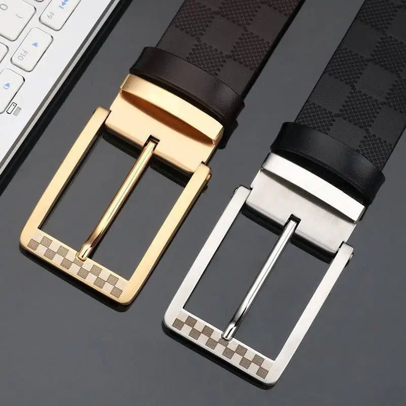 Reversible suit belt with checkered and black leather designs for versatile fashion style