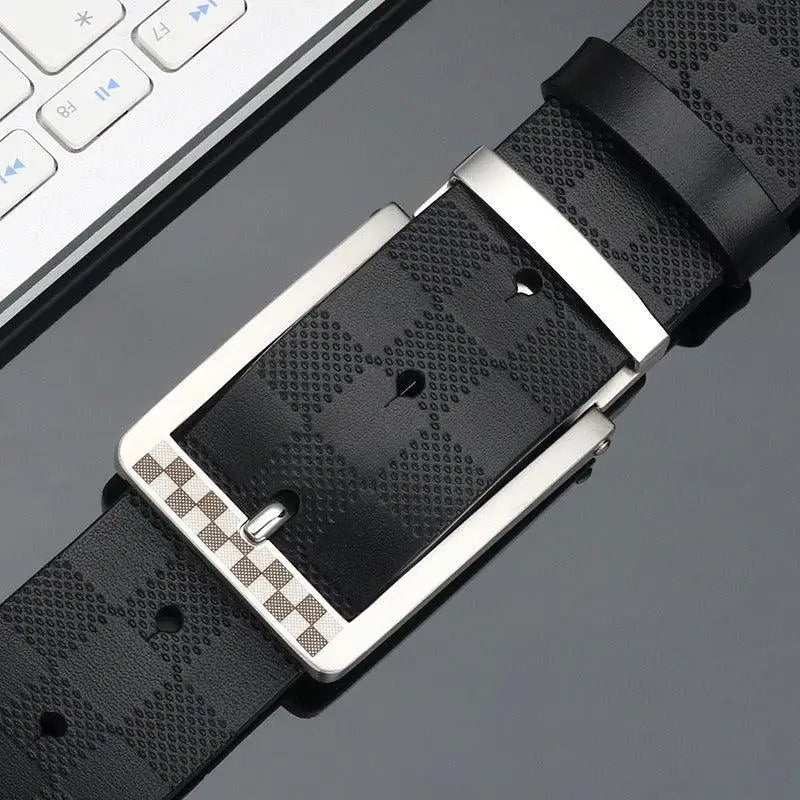 Reversible suit belt with black leather and checkered design featuring silver buckle