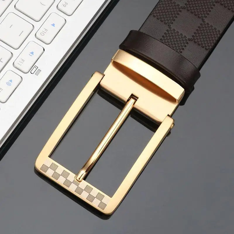 Reversible suit belt with checkered and black leather designs featuring a gold buckle
