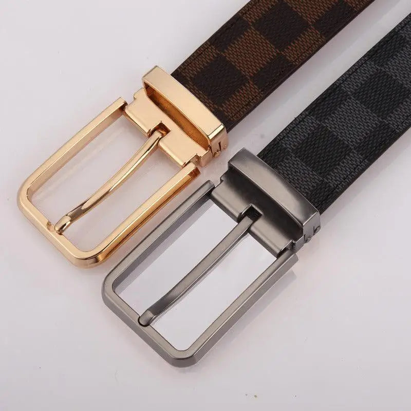 Reversible suit belt featuring leather suit belt and belt en cuir options displayed