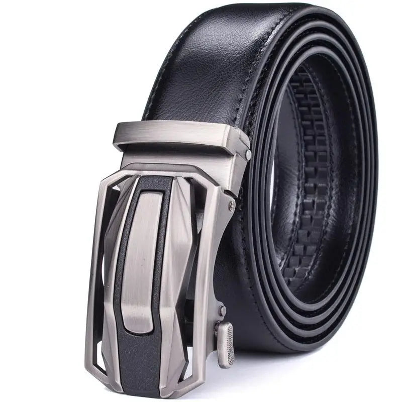 Black leather ratchet belt with silver buckle from Variety of Leather Belts collection