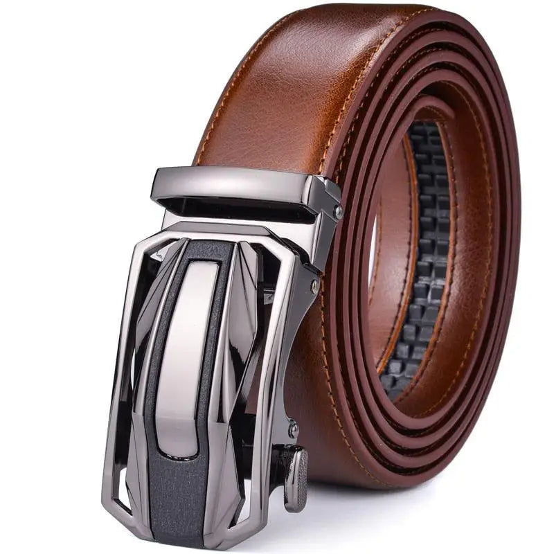 Brown leather ratchet belt with silver buckle from Variety of Leather Belts collection