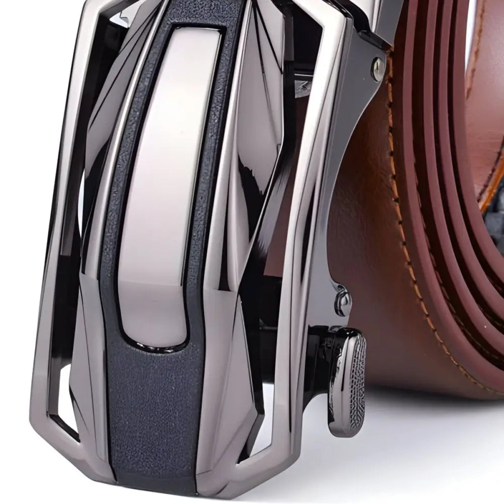 Modern metal belt buckle on a stylish leather belt from Variety of Leather Belts collection