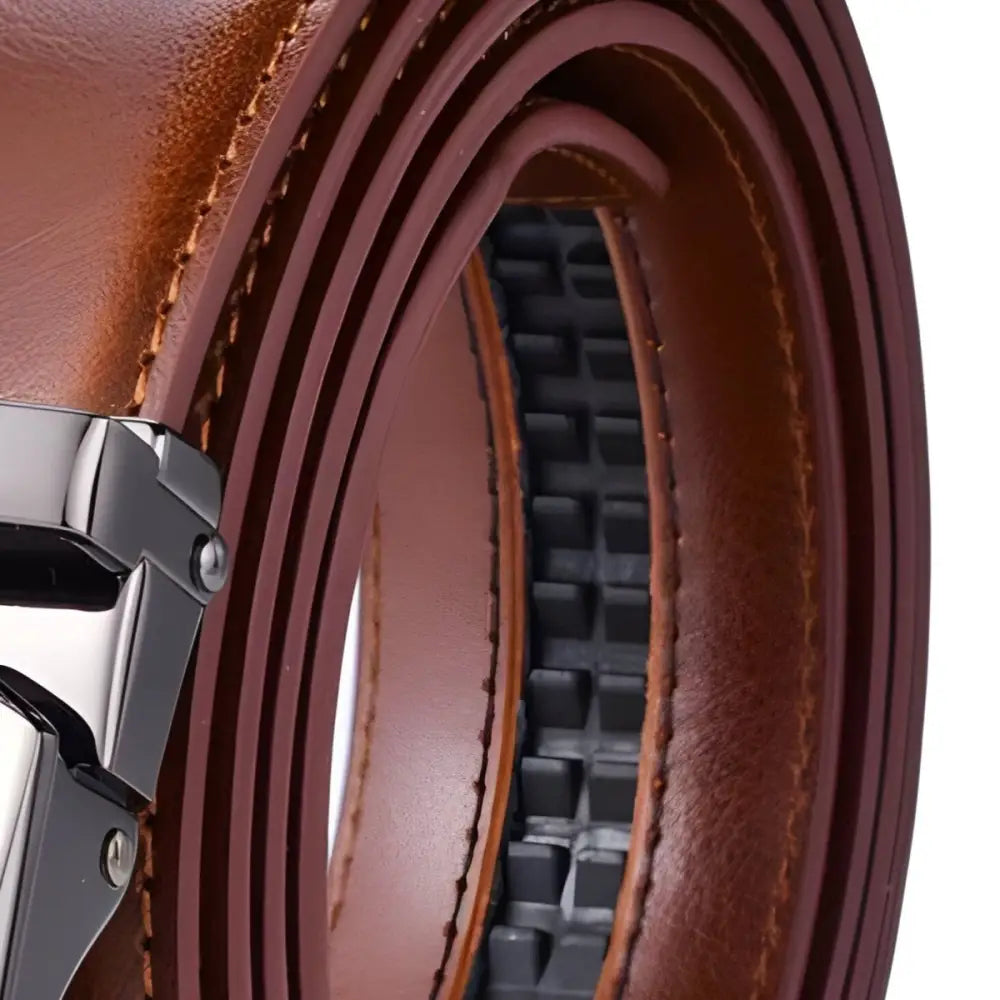 Elegant brown leather ratchet belt with silver buckle from Variety of Leather Belts collection