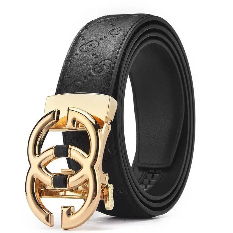 Elegant black leather belt with gold buckle for sophisticated style and fashion