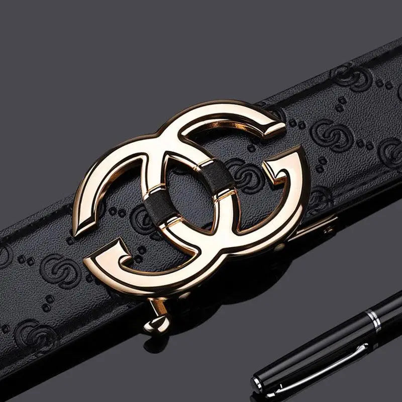 Black leather belt with gold buckle for elegant style and sophisticated accessory