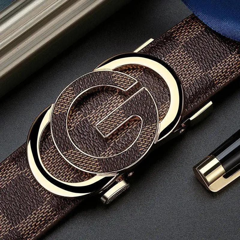 Brown checkered Gioele men’s belt with gold G buckle from Gioele men’s belt collection