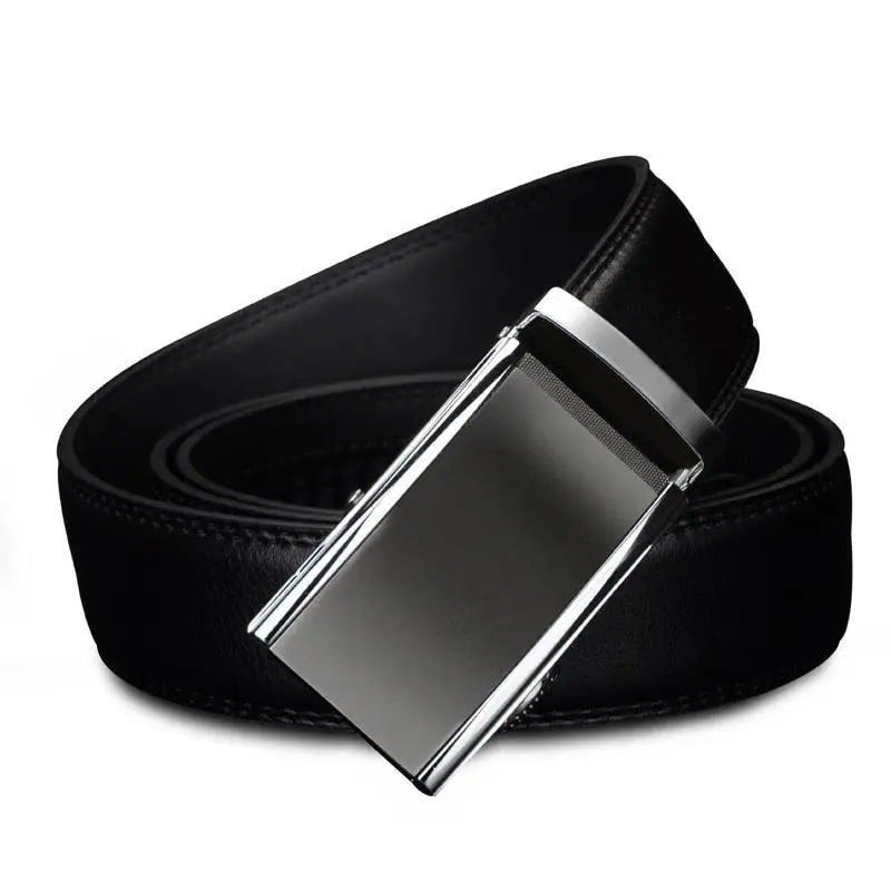 Black leather belt with a silver buckle for men and women product image