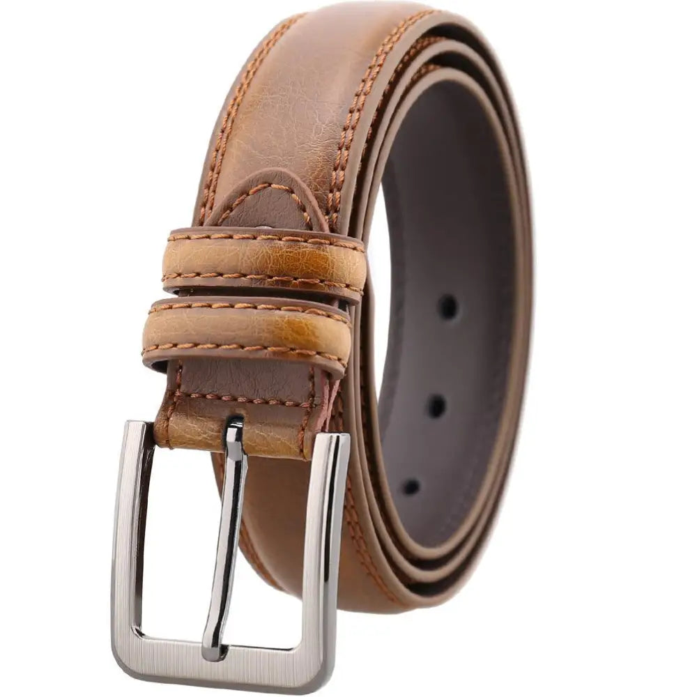 Brown leather suit belt for men with silver buckle, premium men’s leather suit accessory