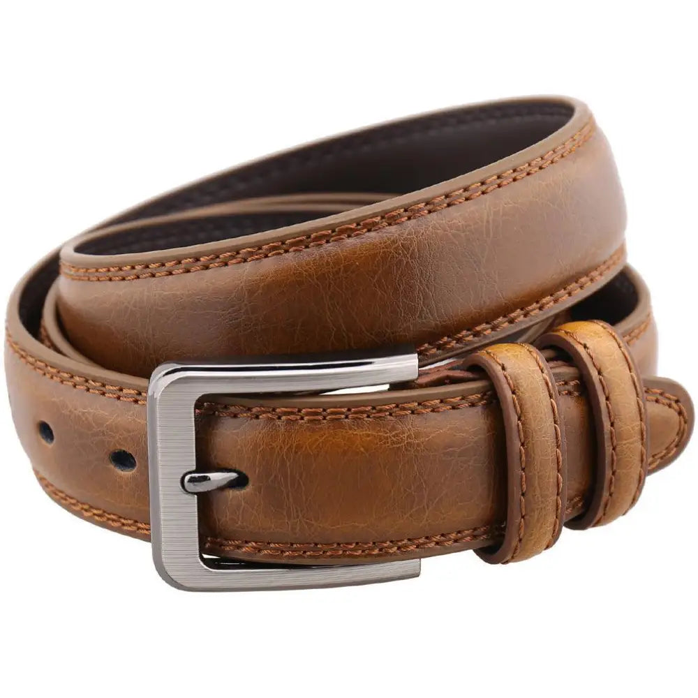 Brown leather suit belt for men with silver buckle, ideal men’s leather suit accessory