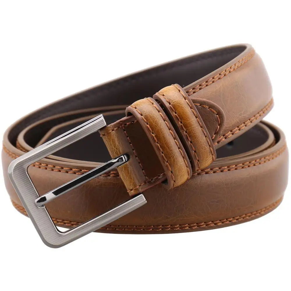 Brown leather suit belt for men with silver buckle, premium men’s leather suit accessory