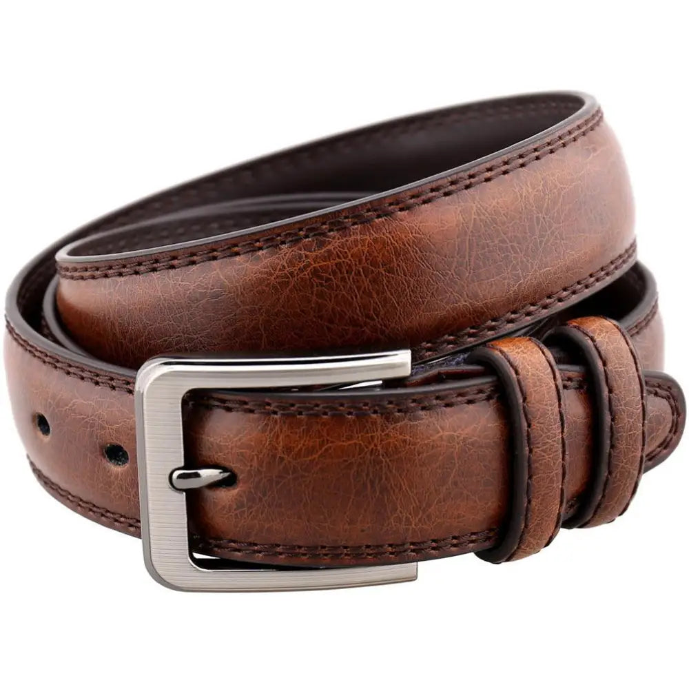 Brown leather suit belt for men with silver buckle, perfect for men’s leather suits