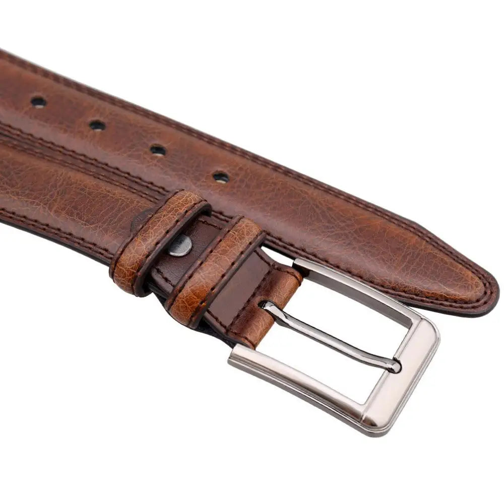 Brown leather suit belt for men with silver buckle, ideal for men’s leather suit accessories