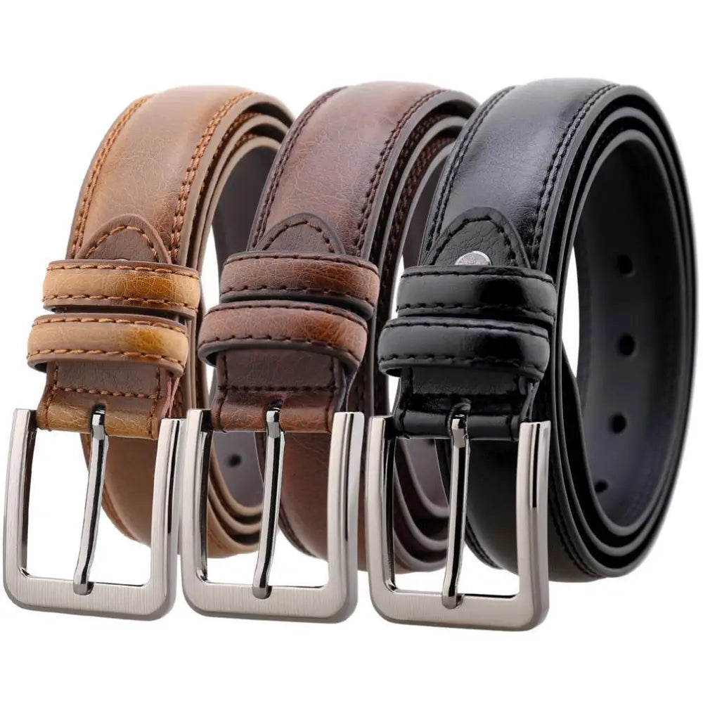 Three brown men’s leather suit belts with silver buckles for sophisticated style