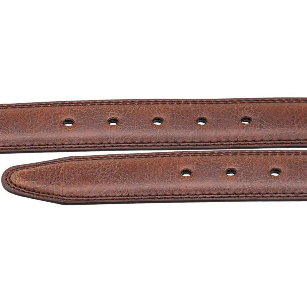 Sections of brown leather suit belt with silver buckle for men’s leather suit accessories